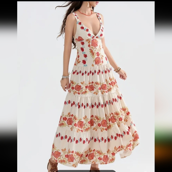 Gorgeous maxi sundress with orange floral print on cream background size large - Picture 7 of 10